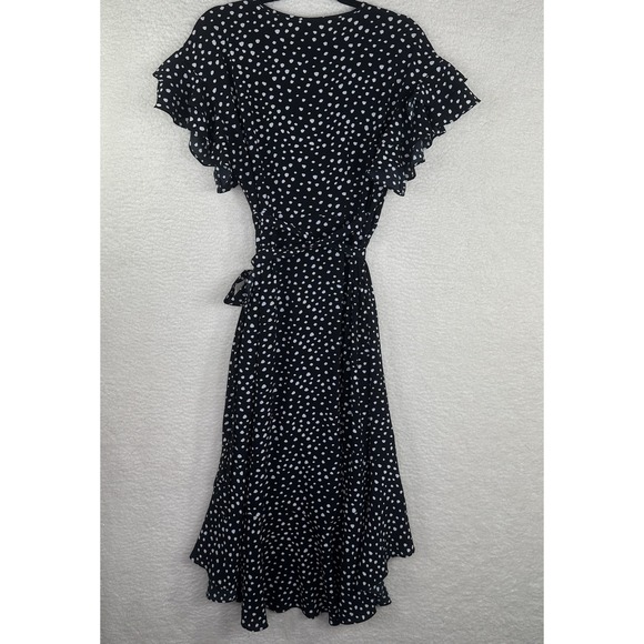 Max Studio Dress Womens Small Black White Polka Dot Ruffle Flutter Wrap Midi - Picture 8 of 11